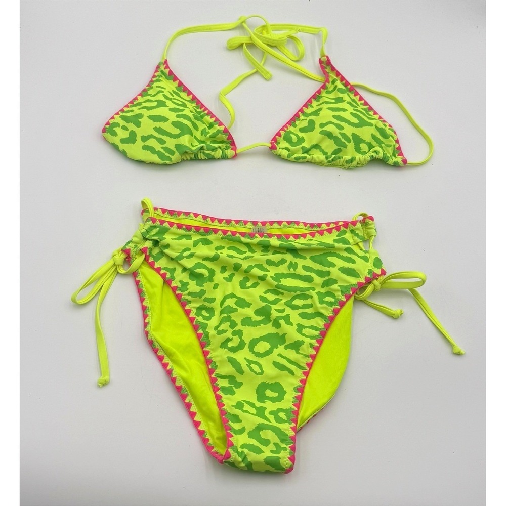 PLOPVIL Women's Neon Green Leopard  Print Triangle Bikini Set Size Large